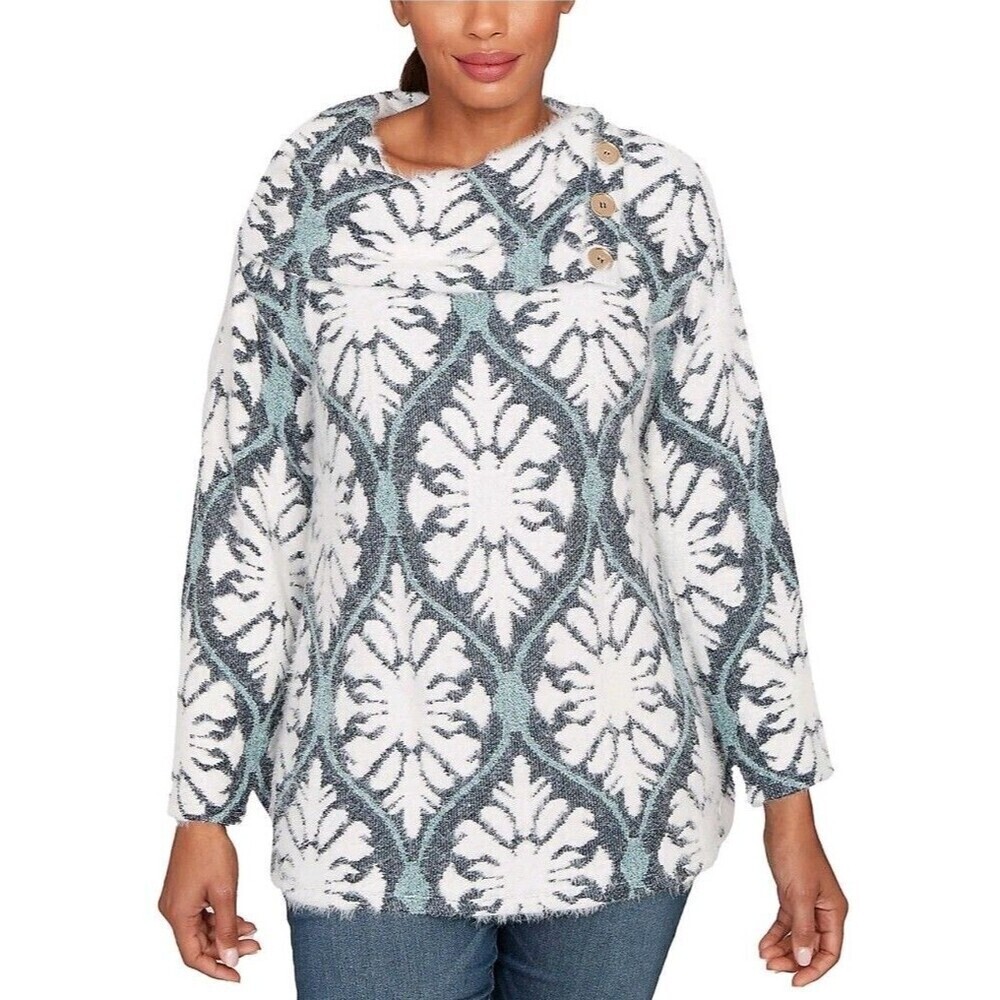 Ruby Rd Petite Large Medallion Jacquard Cowl Neck Sweater NWT Cozy